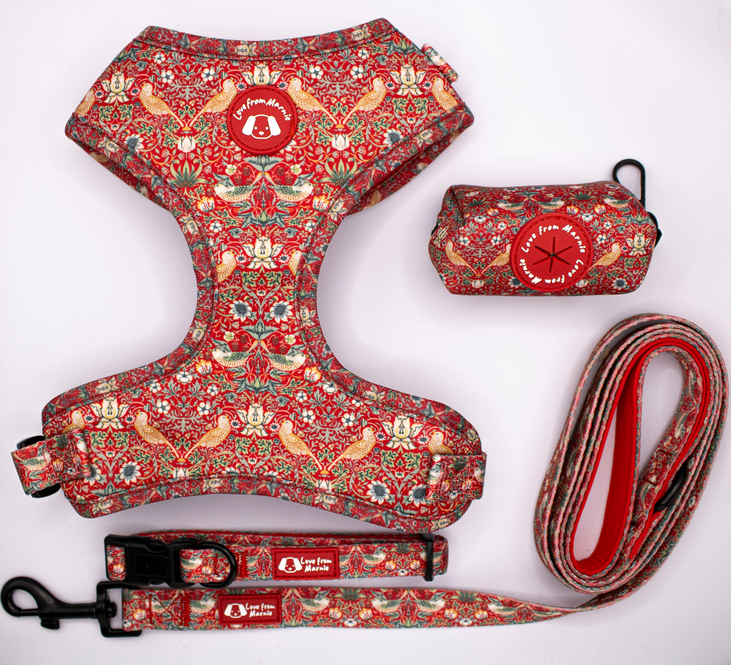 Adjustable Harness Set in Red Strawberry Thief